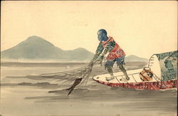 Chinese Fisherman On Boat of Postage Stamps Postcard