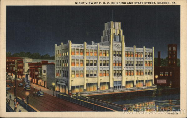 Night View of P.H.C. Building and State Street Sharon Pennsylvania