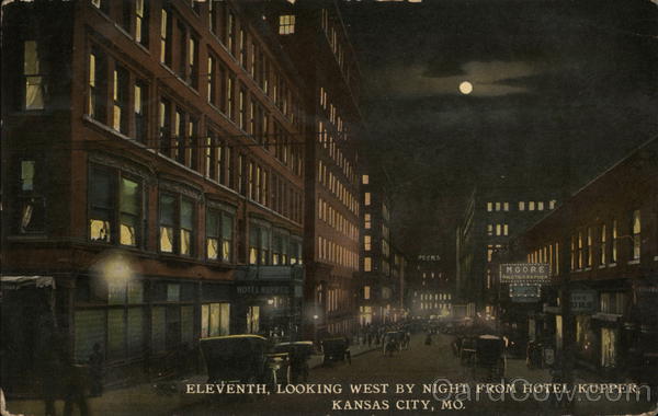 Eleventh, Looking West By Night From Hotel Kupper Kansas City Missouri