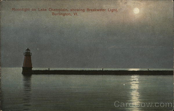 Moonlight on Lake Champlain, Showing Breakwater Light Burlington Vermont