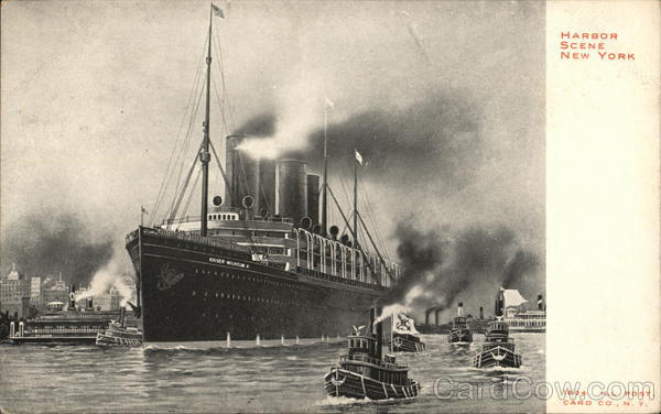 Harbor Scene with Steamer and Tug Boats New York