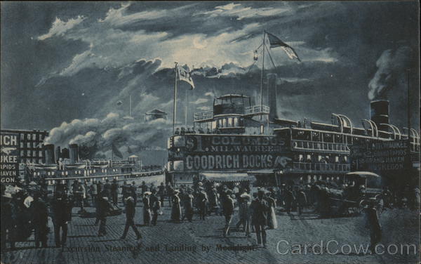 Excursion Steamer and Landing by Moonlight Chicago Illinois
