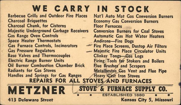 Metzner Stove & Furnace Supply Co. Kansas City Missouri