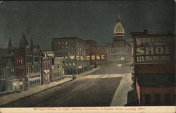 Michigan Avenue by Night, Showing Illumination of Capitol Dome Lansing, MI Postcard Postcard Postcard