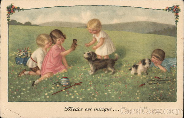 Children with puppies