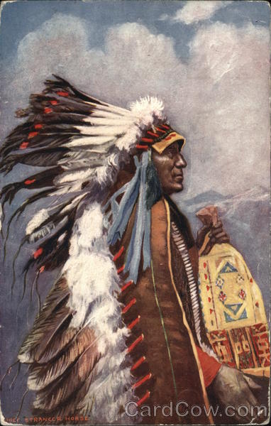 Indian with Long Feather Train Native Americana