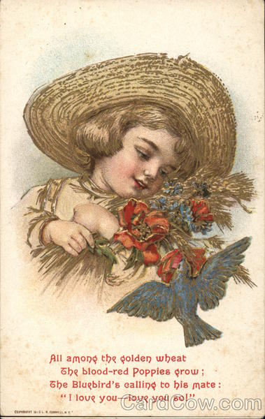 Girl in Straw Hat With Red Poppies and Bluebird Girls