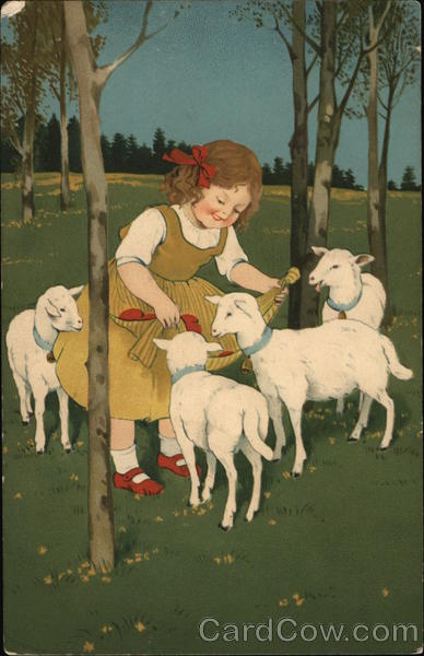 Girl Feeding Lambs from Apron Girls