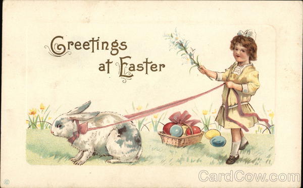 Greetings At Easter - Bunny Leading Girl By Basket of Eggs