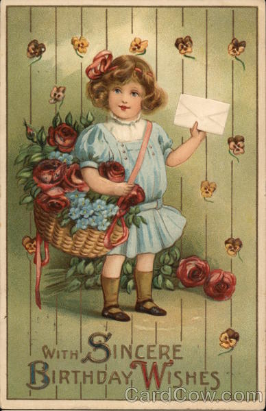 Little Girl Holding a Basket of Flowers and a Letter