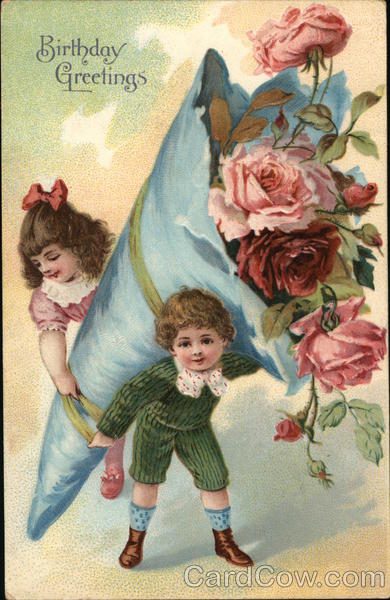 Birthday Greetings (Two Children Holding Large Bundle of Roses)
