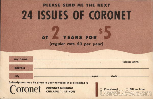 Coronet Magazine Subscription Card Advertising