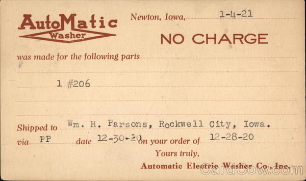 Automatic Electric Washer Co., Inc. Correspondence Card