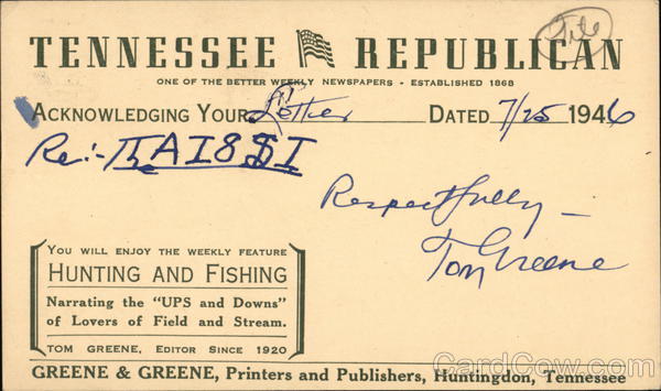 Correspondence Card from the Tennessee Republican