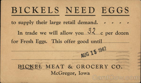 Correspondence Card from Bickel Meat & Grocery Co., McGregor, Iowa