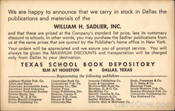 Advertisement from Texas School Book Depository, Dallas, TX