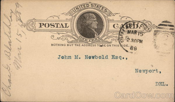 Correspondence Card Addressed to John M. Newbold, Esq., Newport, De.