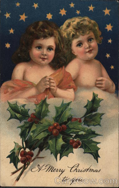 Boy and Girl Posing in Front of Holly Children