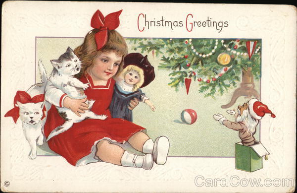Christmas Greetings - A Girl with Cats and a Doll Children