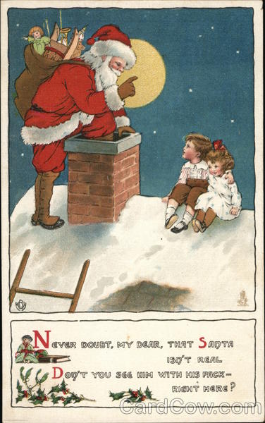 Santa at Chimney talking to 2 children Santa Claus