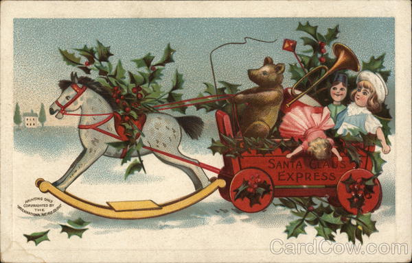 Santa Claus Express - Cart of Toys Driven by Bear, Pulled by Rockinghorse