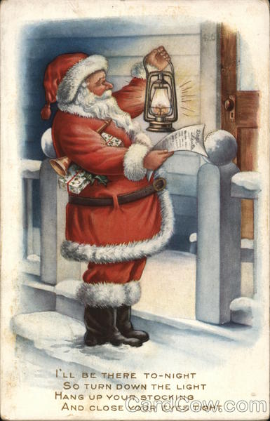 Santa on Porch with Lantern and Letter Santa Claus
