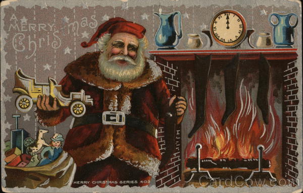 Santa Putting Toys in Stockings by Fire Santa Claus