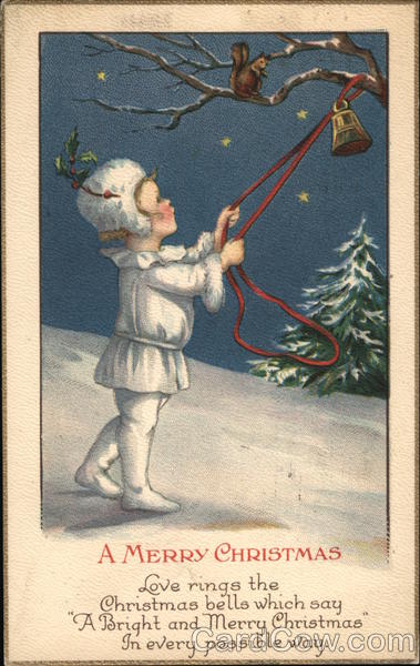 A Merry Christmas - Boy Rings Bell on Tree with Squirrel