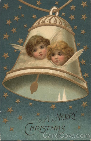 A Merry Christmas - Two Angels' Faces in White Bell