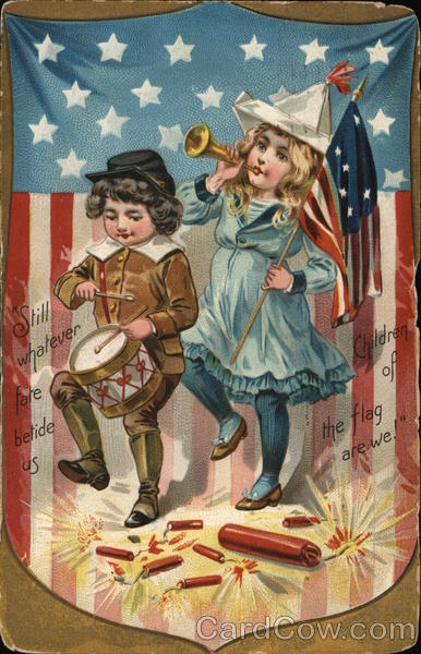 Boy & Girl March with Drum & Horn, Flag Background