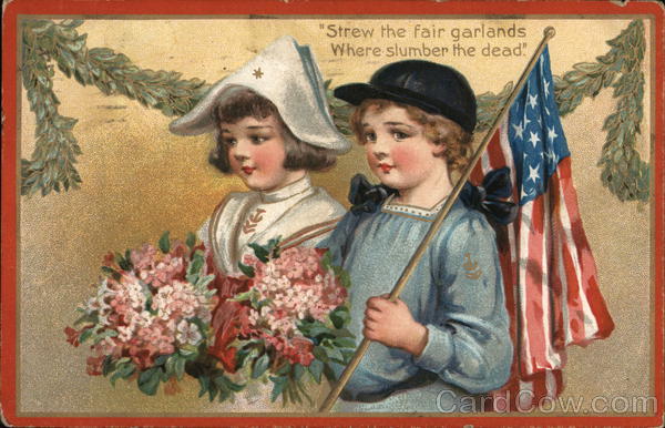 2 Chilren with Flowers and US Flag Patriotic