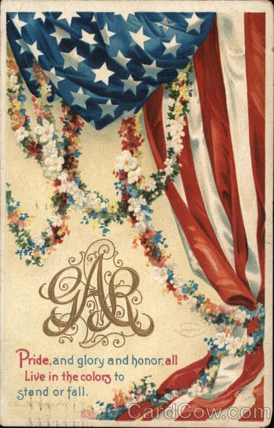 Initials G. A. R. in Gold Script With Flowers And Flag