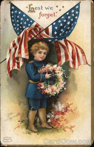 Lest we Forget Child Soldier Holding Wreath, Crossed Flags