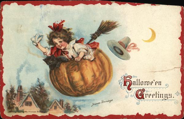 Girl Flying in Pumpkin, Halloween Greetings Frances Brundage