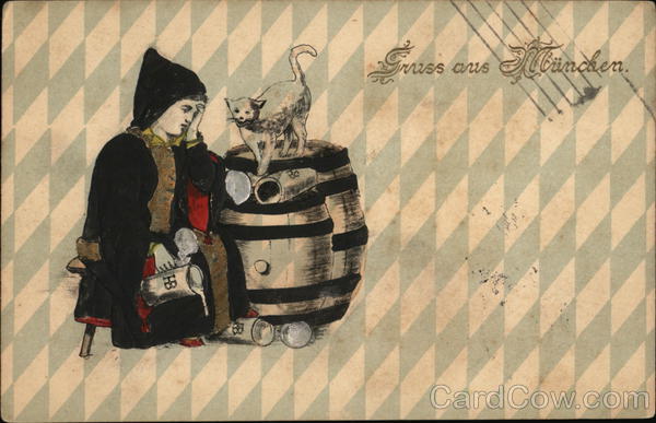 Gruss aus Munchen - Child with Cat, Keg of Beer Drinking