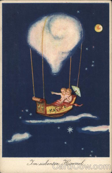 Two Children Sailing Through the Night Sky in a Bed