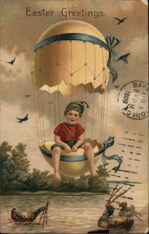 Easter Greetings - Boy In Eggshell Balloon Over Pond With Ducks