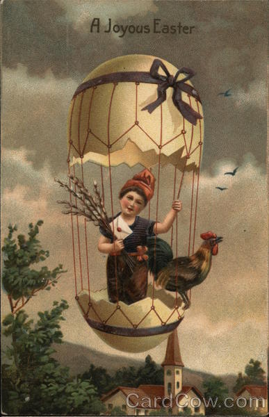 A Joyous Easter - Child with Rooster in Eggshell Hot-Air Balloon