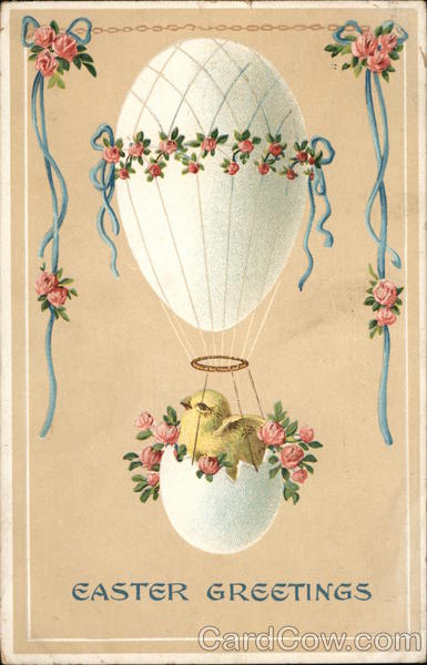 Easter Greetings - Chick in Eggshell Basket, Egg Hot Air Balloon