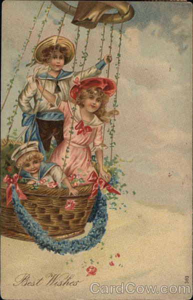 Best Wishes - Three Children in Basket of Hot-Airt Balloon