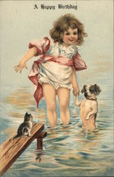 A Happy Birthday - Girl with Dog & Cat in Water Girls Postcard Postcard Postcard