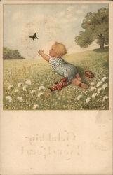 Child in Field Reaching for Butterfly Babies Postcard Postcard