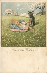 "Ein Treuer Wachter" - Dog Watches Over Sleeping Child Postcard