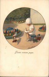 J'Ecris Comme Papa - Child Writing While Sitting Outdoors on Bench Postcard