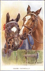 "Yours Faithfully" - Two Horses' Heads Over Gate Postcard