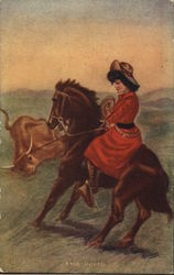 "Roped" - Cowgirl on Horseback Roping Steer Postcard