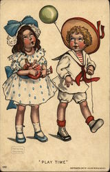 A Boy with a Green Balloon, and a Girl with a Blue Bow Children Postcard Postcard