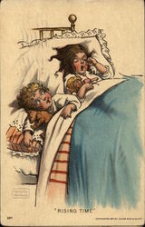 2 Children Waking up in Bed "Rising Time" Postcard