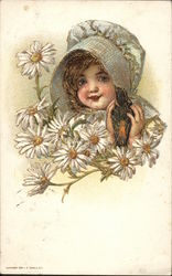 A Girl with a Bonnet and Daisies Girls Postcard Postcard