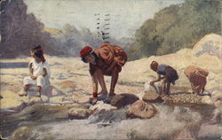 Woman with Two Children Washing Clothes in River Postcard